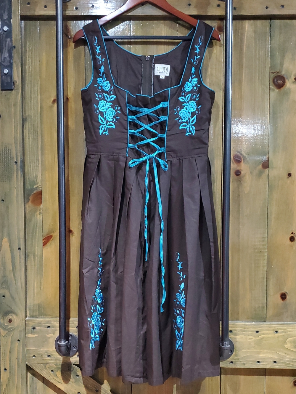 Gaudi Leathers Brown Dress with Turquoise Embroidery Germany Lederhosen Alpine